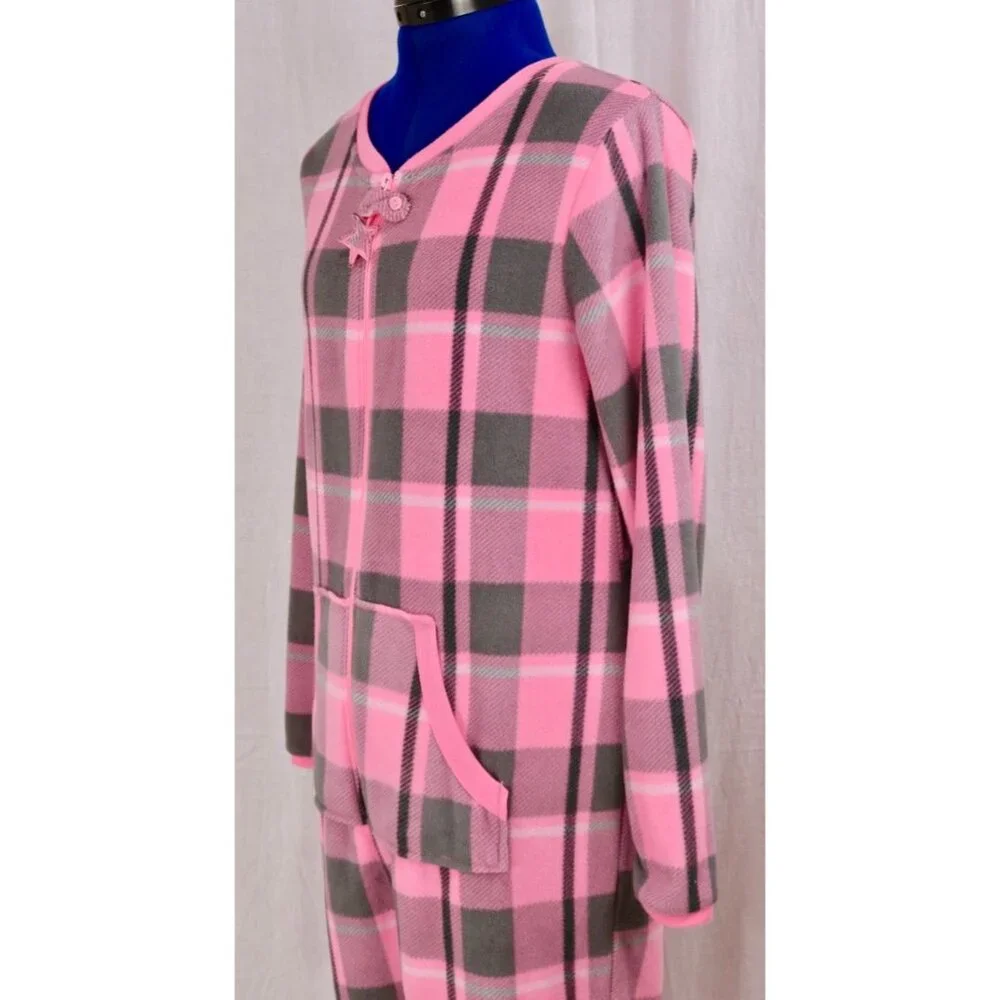 Secret Treasures Pink Gray Plaid Fleece Pajamas Size Medium 8 10 VTG Footless 1 - Picture 7 of 11